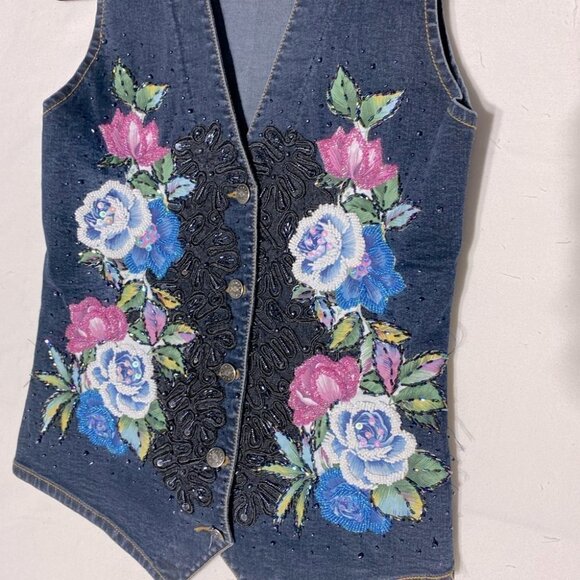 Vintage Jazzino Dark Wash Embroidered Beaded Button Up Denim Vest S - Picture 9 of 12